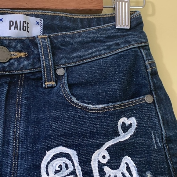 Paige | Custom Margot Jean Mom Painted Denim Artsy Face Distressed Art Shorts 25 - Picture 10 of 17